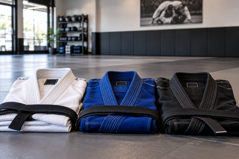 BJJ Gis for Academies in white, blue and black displayed on a training mat
